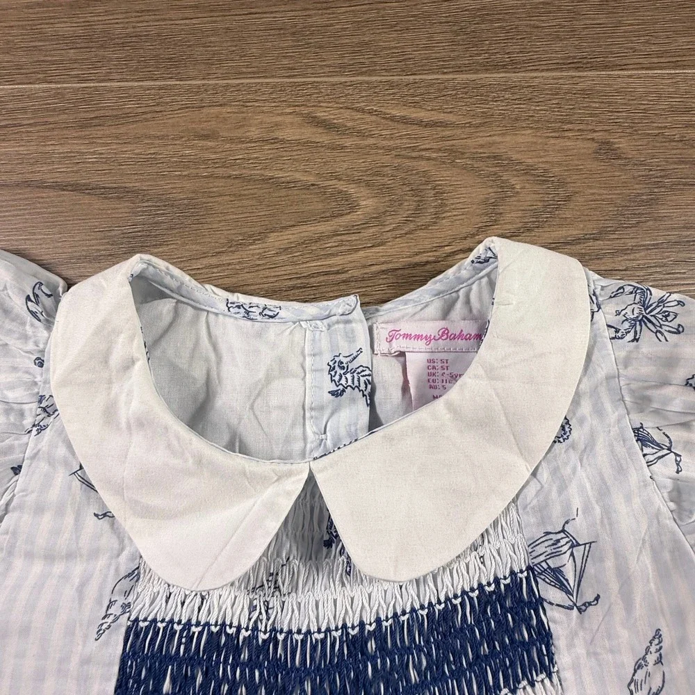 Tommy Bahama Girls Nautical Smocked Dress Blue White Stripe Size 5 Preppy